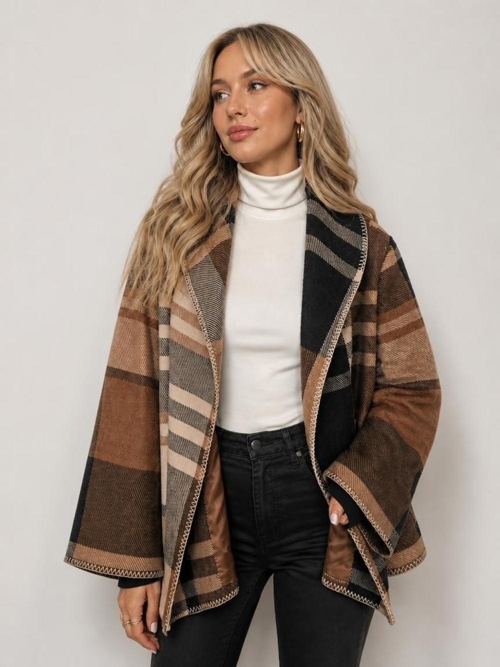 Plaid Open-Front Cape Coat in Brown & Black